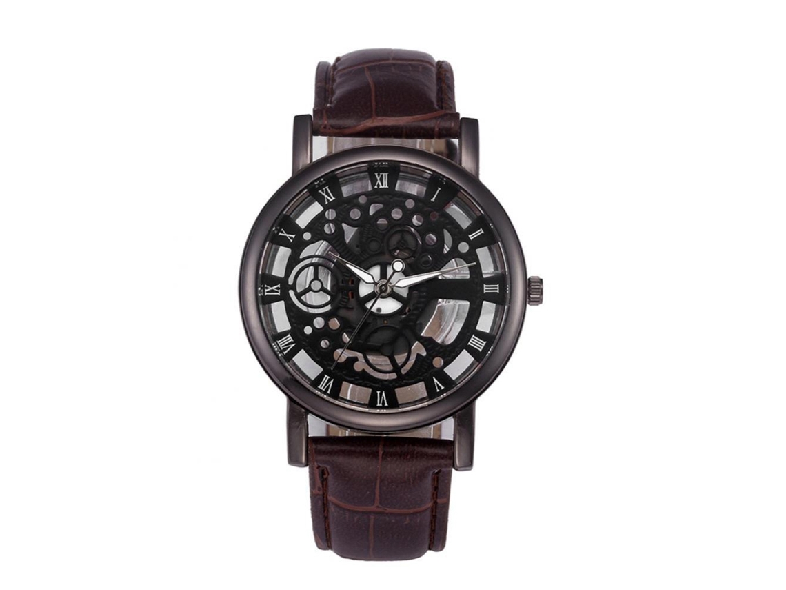 Relógio de pulso em liga metálica com pulseira em couro PU, numerais romanos vazados, estilo fashion (marrom e preto)