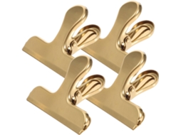 Conjunto de 4 prendedores para fechar sacos de alimentos, em aço inoxidável dourado, práticos e portáteis para armazenamento.