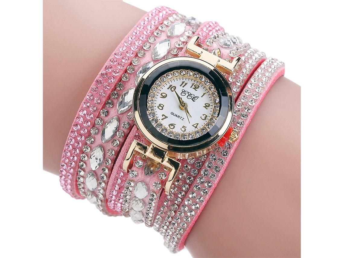 Relógio Feminino de Pulseira com Quartzo, Pulseira Pu e Pedras de Circonita, Rosa