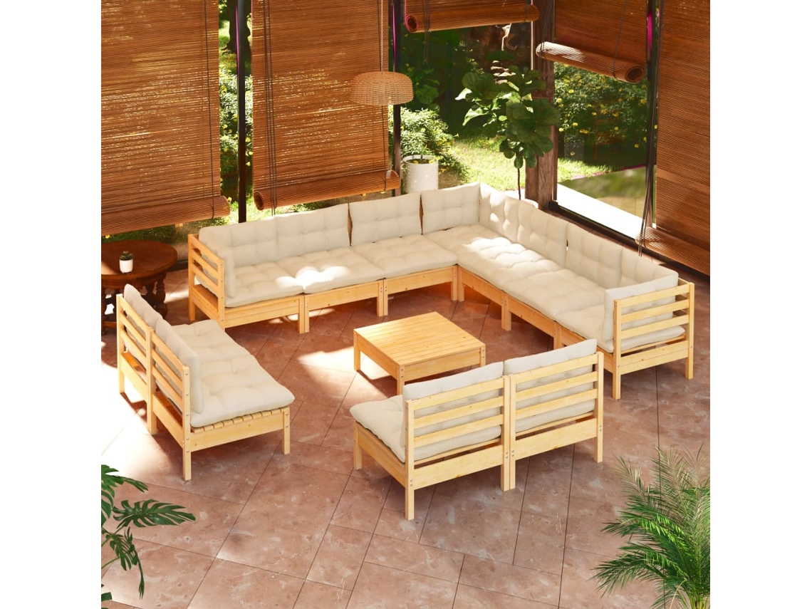 12 Pcs Conjunto Lounge Jardim C/ Almofadões Creme Pinho Maciço Dkd Home Decor