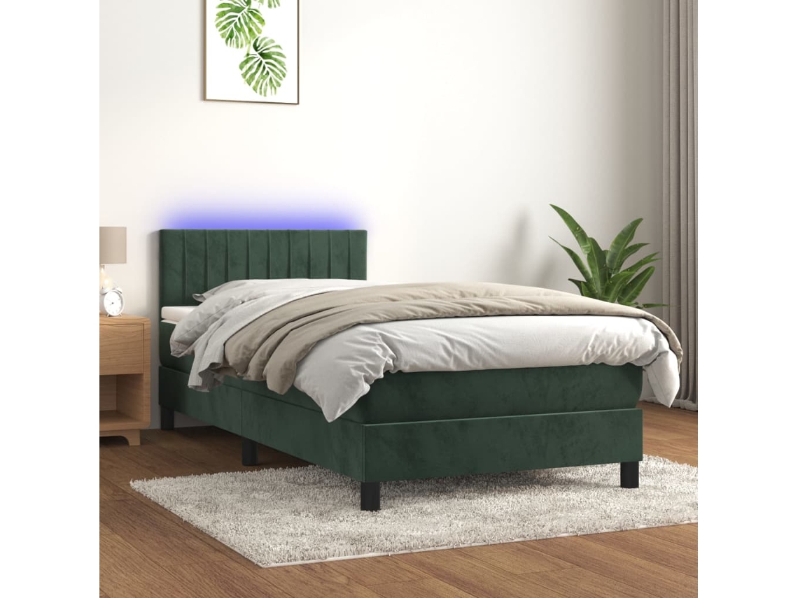 Cama Box Spring C/ Colchão/led 100x200 Cm Veludo Verde-escuro