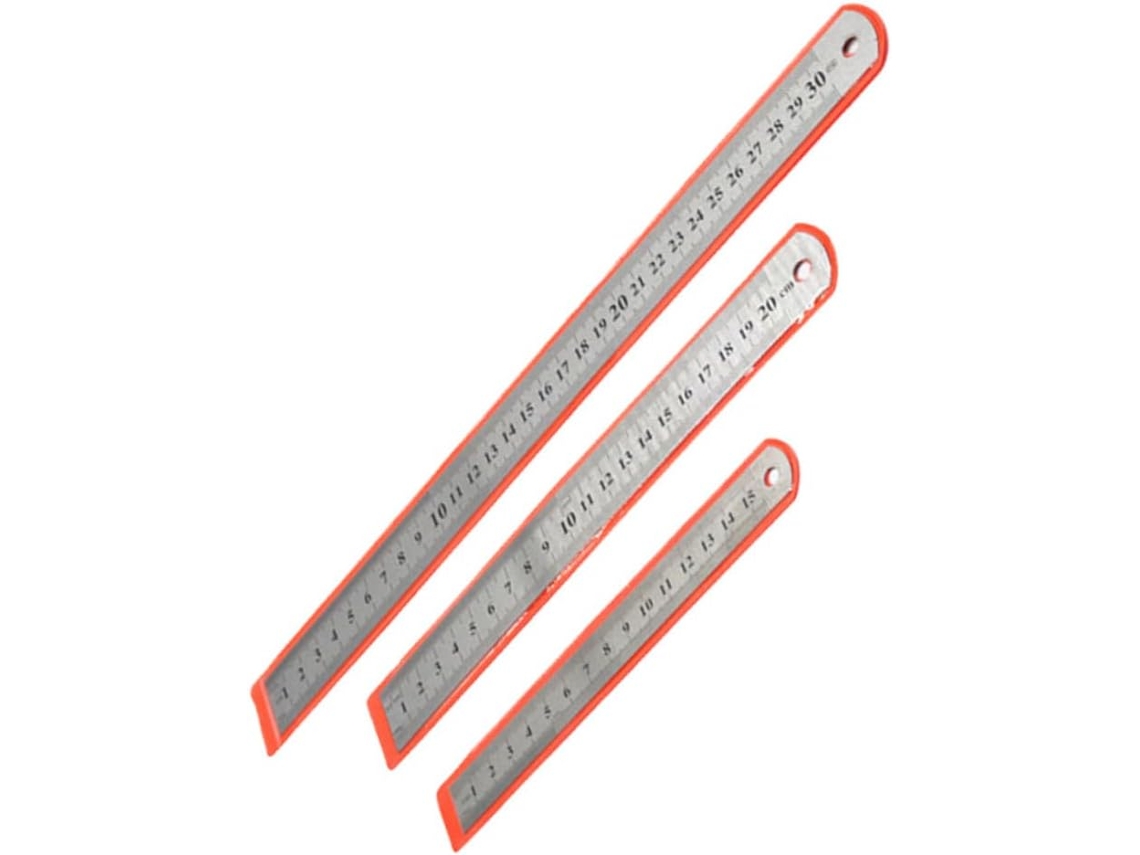 Régua de metal em aço inoxidável com escala dupla, 3 peças de 15 cm, 20 cm e 30 cm, adequada para estudantes e para o desenvolvimento profissional.