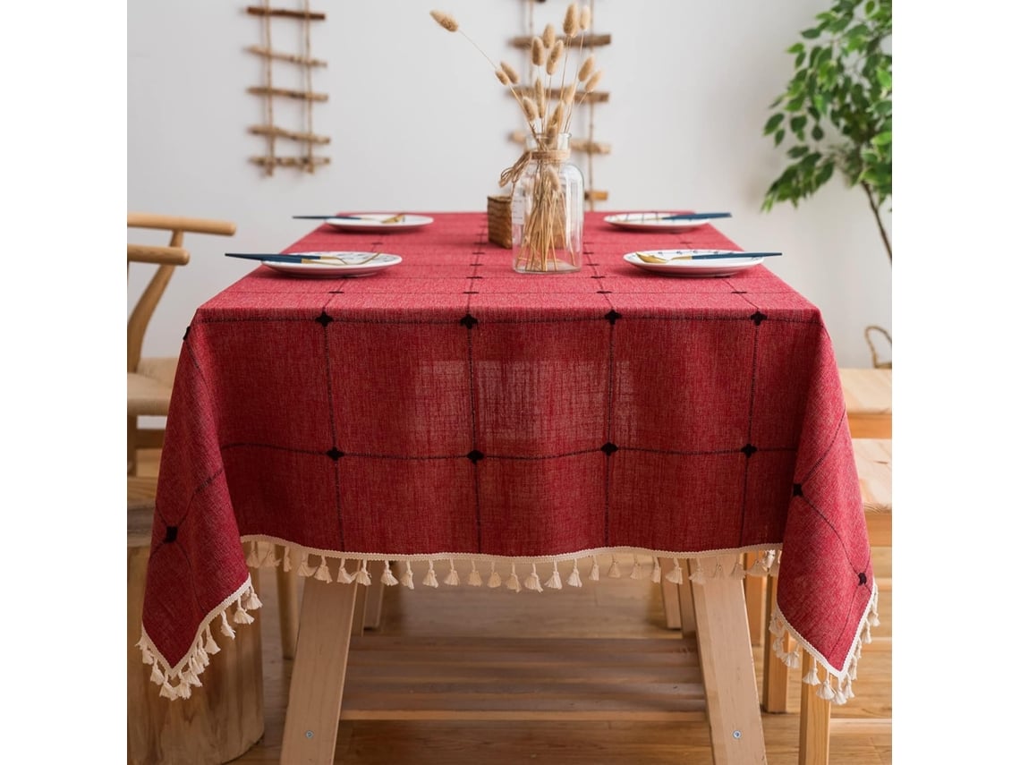 Toalha De Mesa Quadrada Em Tecido De Algodão E Linho Com Borlas