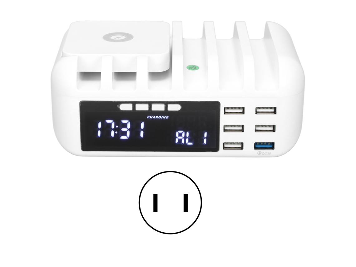 Carregador Sem Fio com Exibição de Corrente e Relógio de Mesa Multifuncional com Carregamento Rápido Usb. EOOCOO