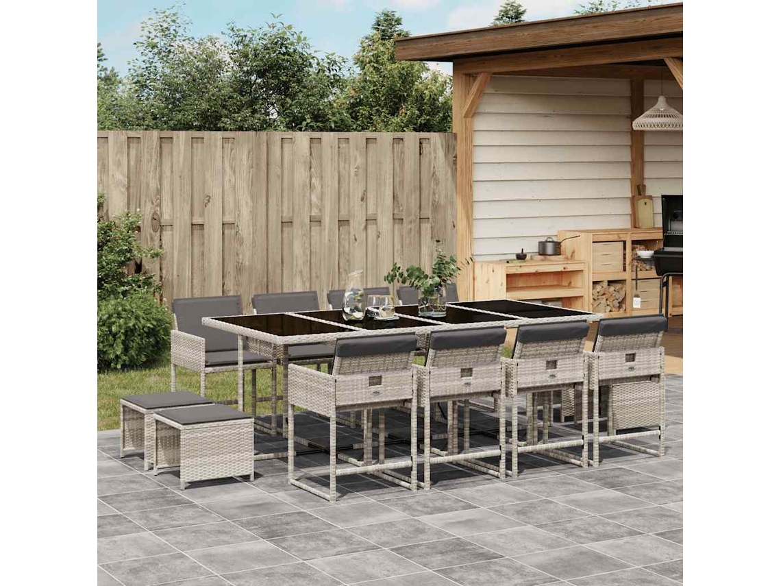 Vidaxl 13 Pcs Conj. Jantar Jardim C/ Almofadões Vime Pe Cinzento claro