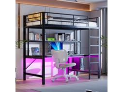 Cama alta, 90*200 cm, com proteção, modelo Escada, entrada USB e tomada elétrica, com luzes LED, sem colchão, estrutura metálica.