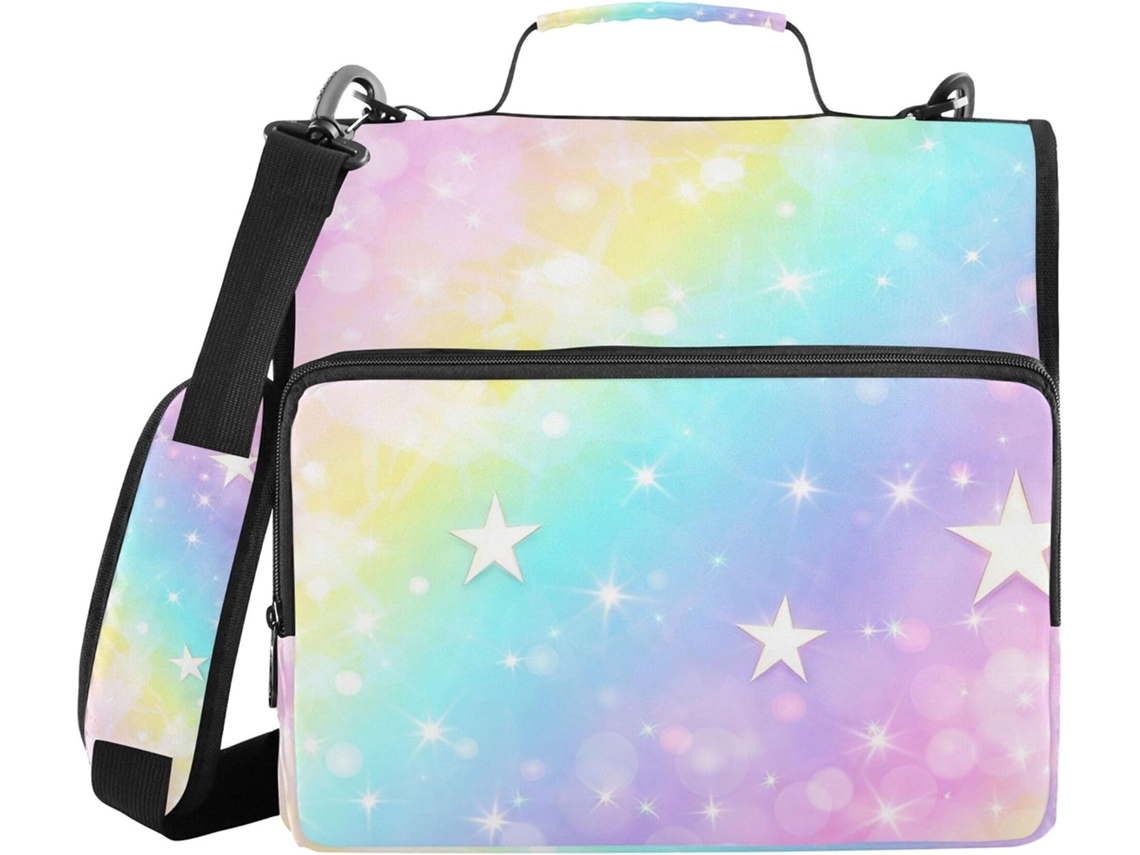 Pasta Grande Com Zíper, Alça, Estampa De Estrelas E Arco Íris Brilhantes, Capacidade De 3, 8cm 1, 5 Polegadas, 3 Argolas