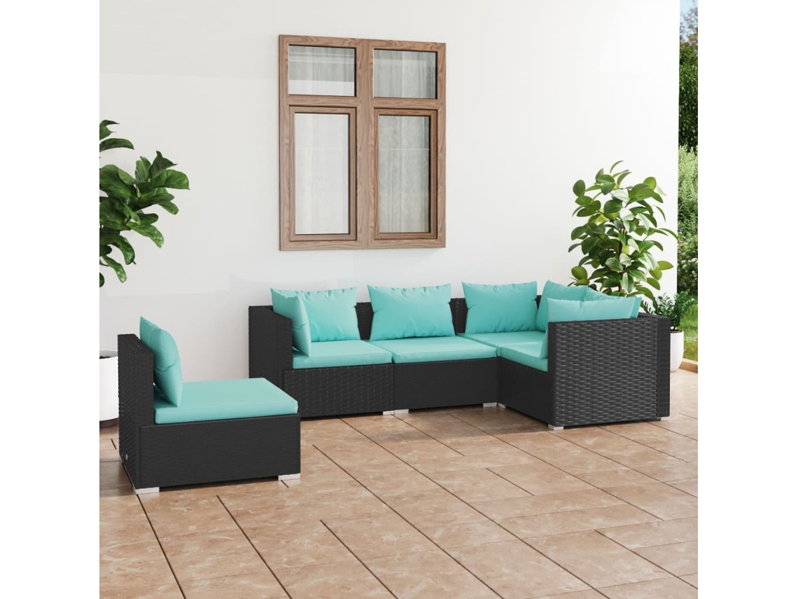 Vidaxl 5 Pcs Conjunto Lounge De Jardim C/ Almofadões Vime Pe Preto