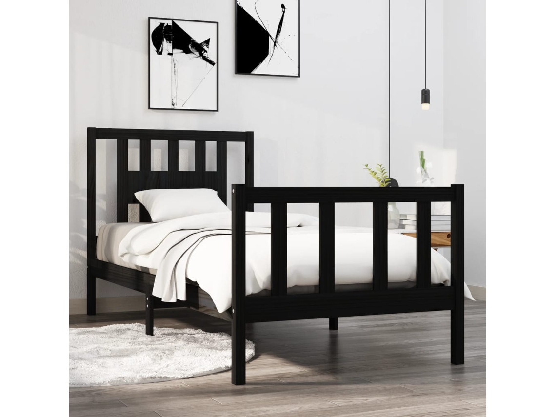 Vidaxl Estrutura Cama Pequena Solteiro 75x190 Cm Madeira Maciça Preto