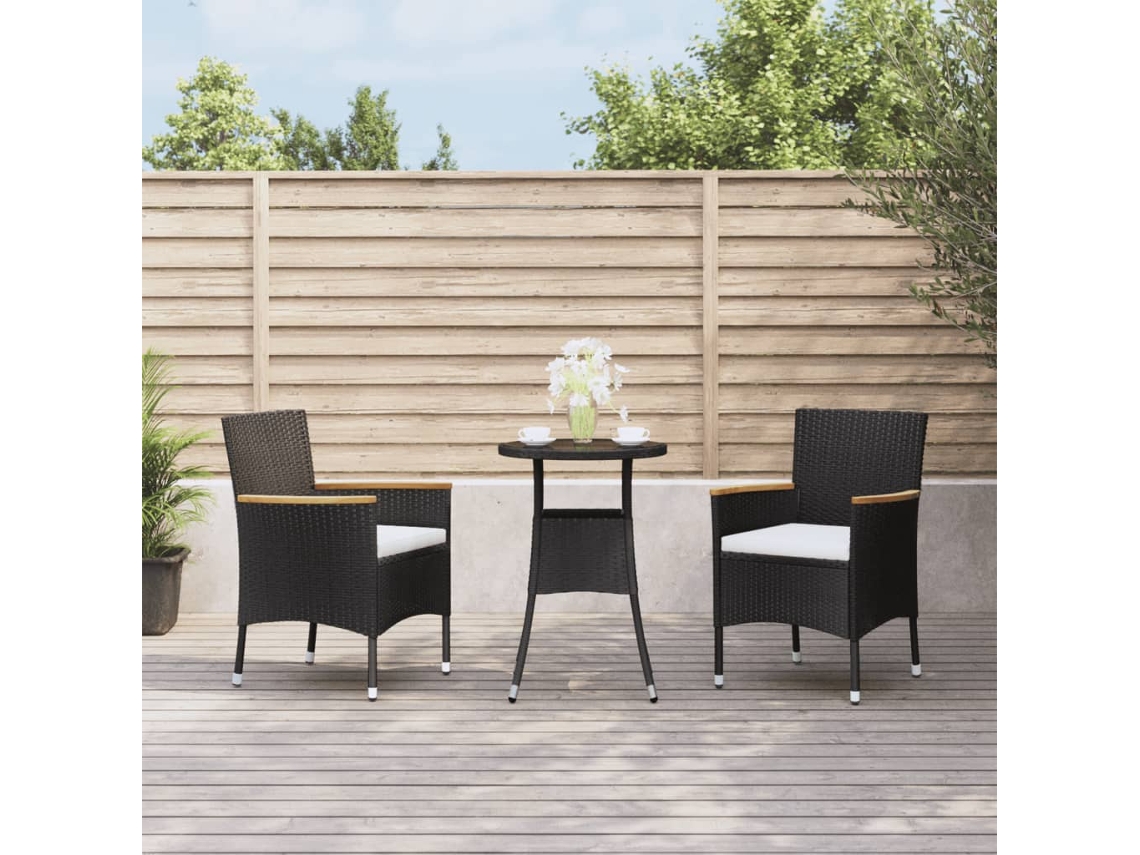 Vidaxl 3 Pcs Conjunto Bistrô De Jardim C/ Almofadões Vime Pe Preto