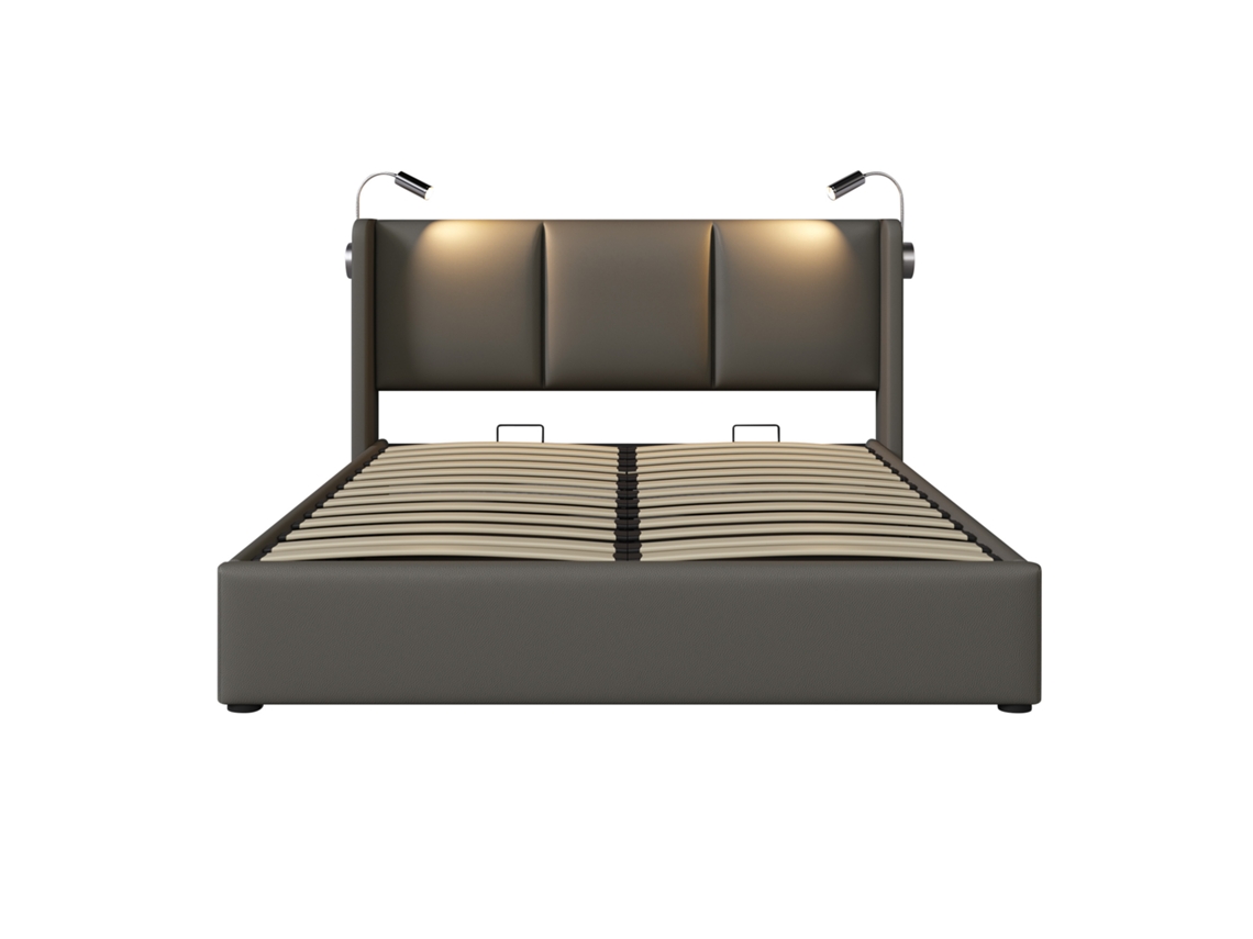 Cama de Casal Estofada com Baú e Luz de Leitura,estrutura em Pu,160x200,ideal para Jovens com Colchão Incluído PAPRIKA