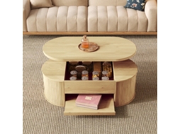 Mesa De Centro Elevável - Com Laterais De Madeira Curvadas, Prateleira Extensível, Design Multifuncional - Cor Madeira