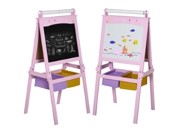 Cavalete Quadrado Duplo Preto para Crianças com Rolo de Papel e 2 Cestos de Armazenamento 58,5x50,5x118 cm Rosa