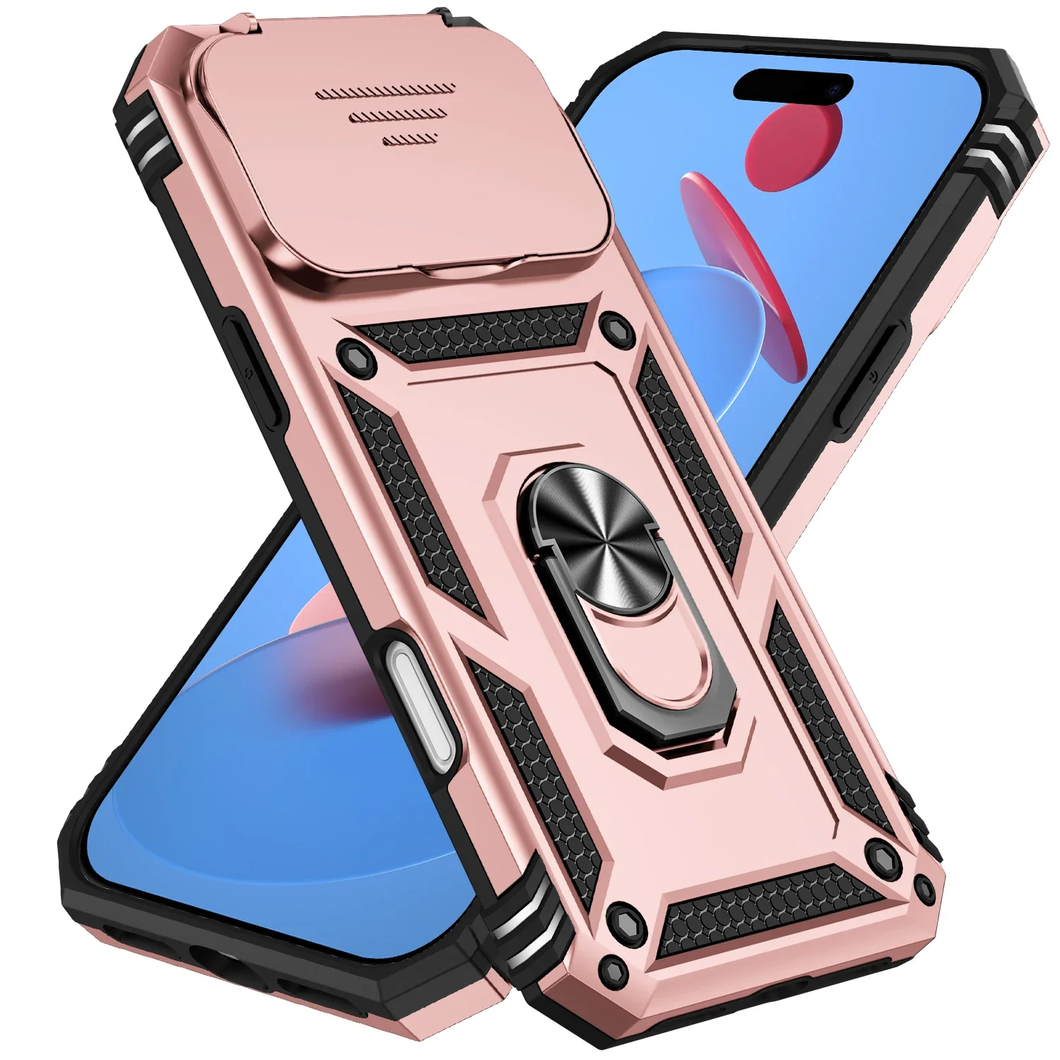 (rosa, Iphone 15 Pro Max) Capa Portátil Para Celular Com Anel Magnético Em Pctpu E Protetor De Lente Deslizante.