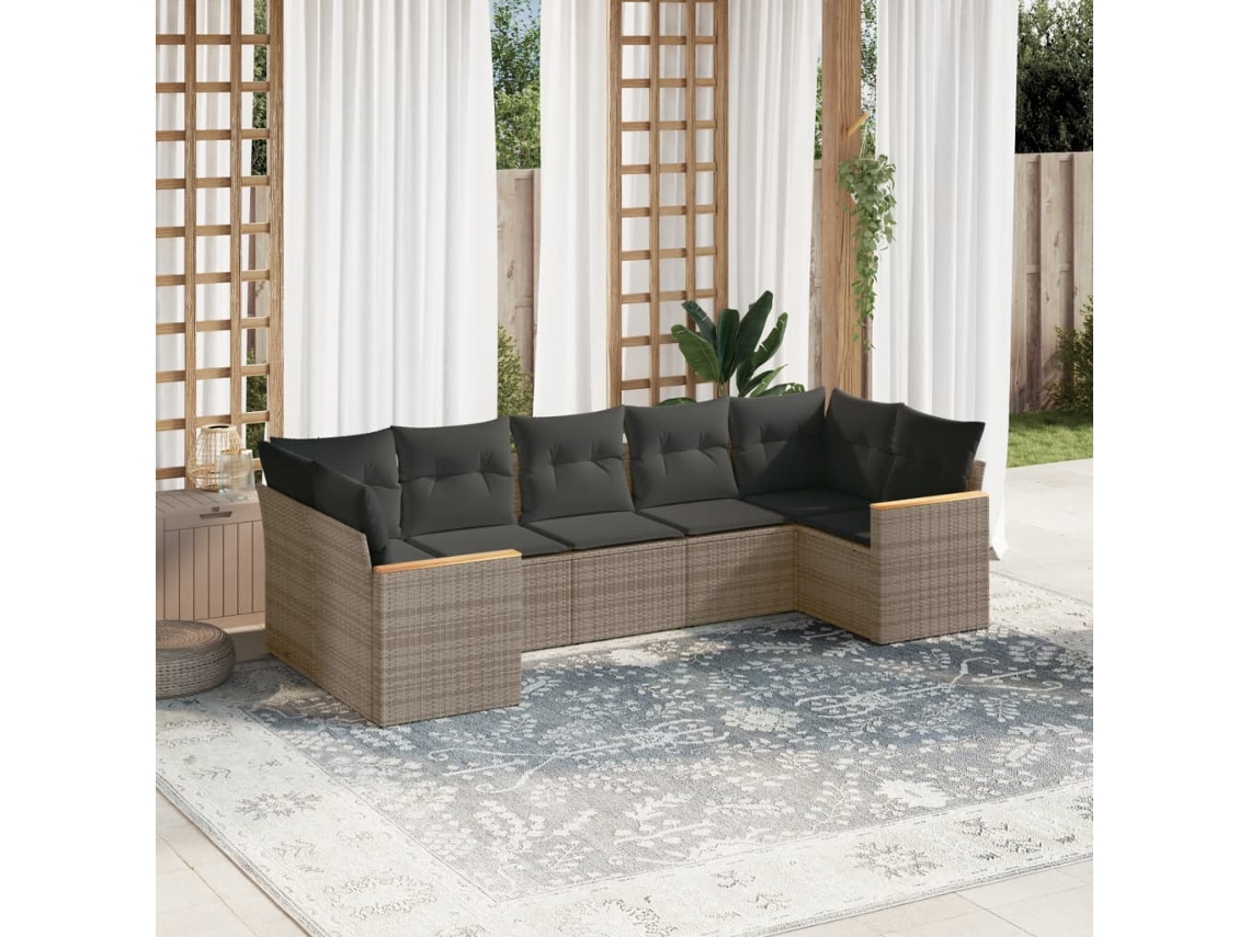 Vidaxl 7 Pcs Conjunto Sofás P/ Jardim C/ Almofadões Vime Pe Cinzento