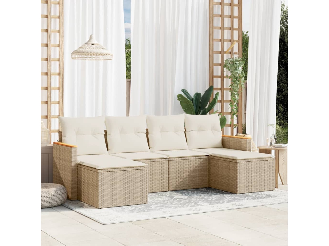 6 Pcs Conjunto de Móveis de Jardim - Conjunto de Sofás P/ Jardim com Almofadões Vime Pe Bege HARLANV1