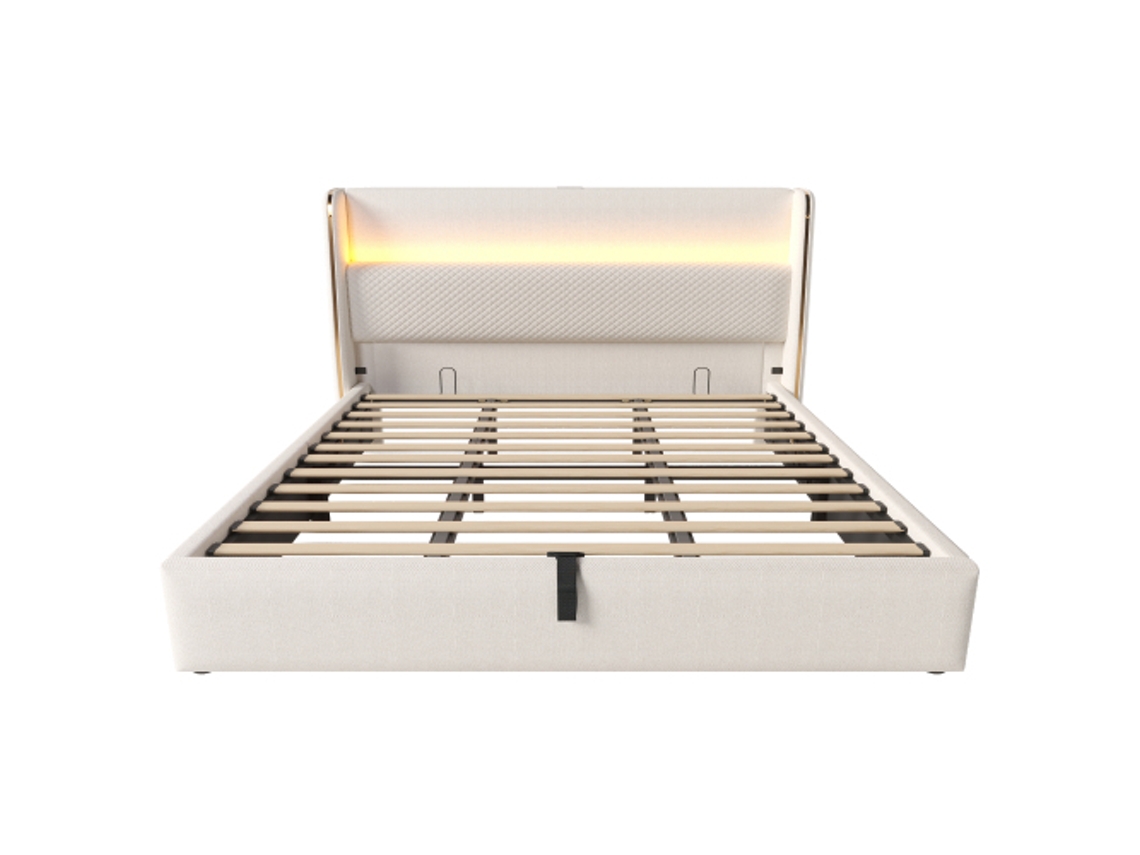 Cama Hidráulica Moderna Com Cabeceira Alta,cama De Casal De 180x200cm,espaço De Armazenamento E Portas Usb,em Bege(sem Colchão).