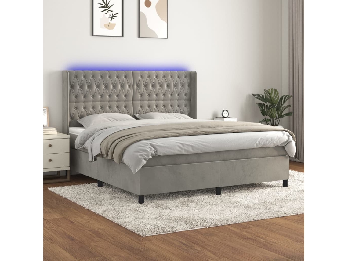 Vidaxl Cama Box Spring C/ Colchão/led 180x200 Cm Veludo Cinzento-claro