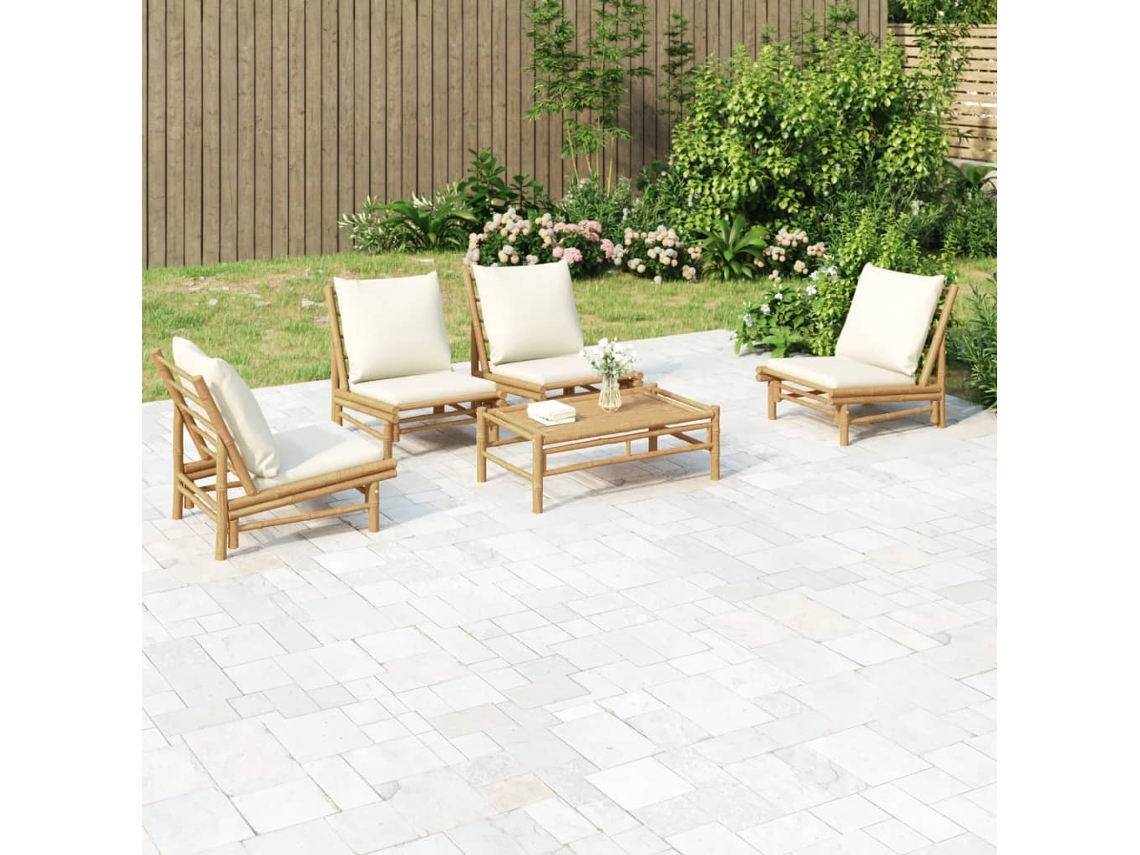 Vidaxl 5 Pcs Conjunto Lounge De Jardim Bambu C/ Almofadões Branco Nata
