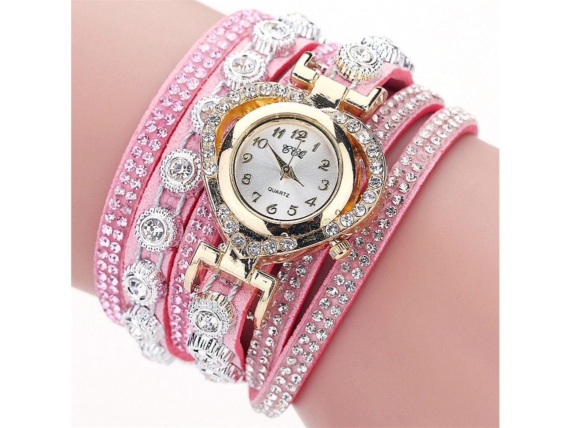 Relógio Pulseira Feminino Quartzo Coração Oco Strass Camadas Múltiplas Rosa