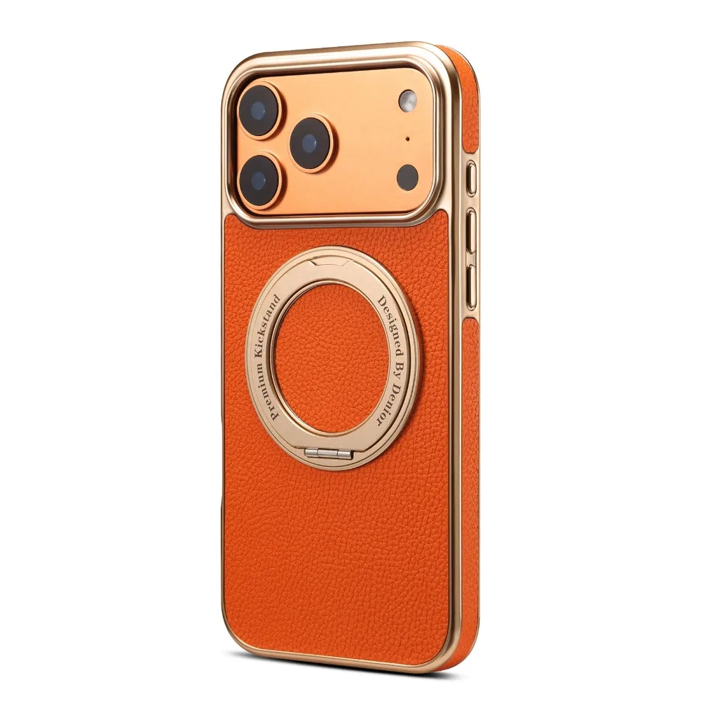 (laranja, Iphone 17 Pro Max) Capa Com Acabamento Galvanizado, Suporte Giratório E Proteção Magnética Robusta Contra Impactos