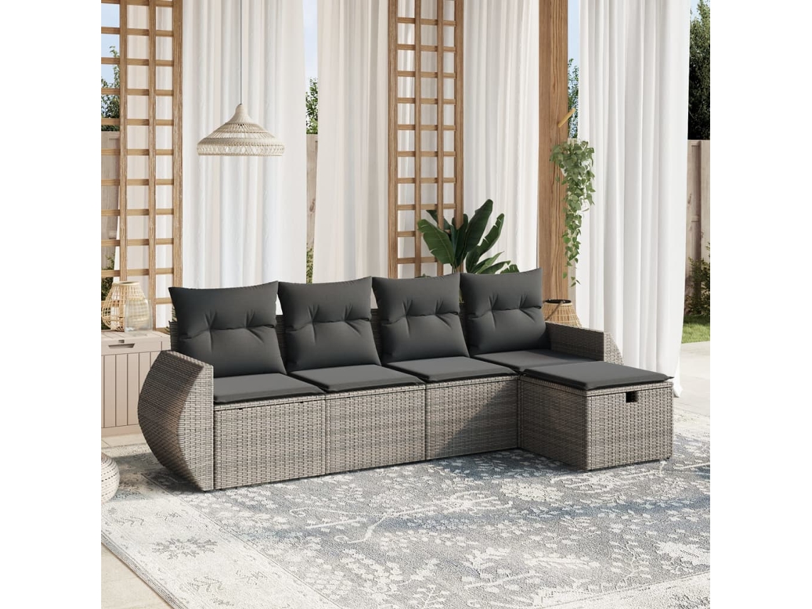 Vidaxl 5 Pcs Conjunto Sofás De Jardim C/ Almofadões Vime Pe Cinzento