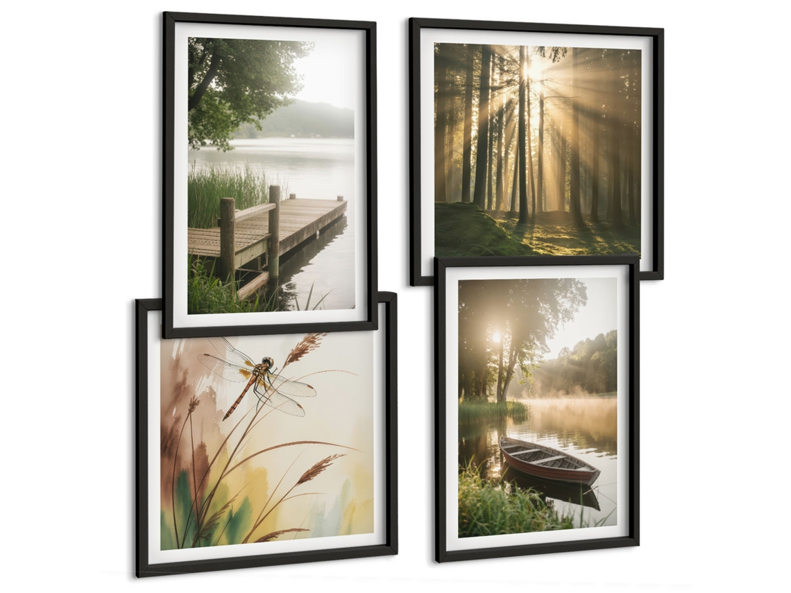 Composição De Quadros Paisagens Florestais Natureza Tranquilidade Espelharte (4 Peças)