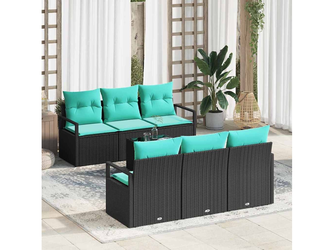 Vidaxl Conjunto De Sofás Com Almofada 7 Pcs Preto E Turquesa Vime Pe