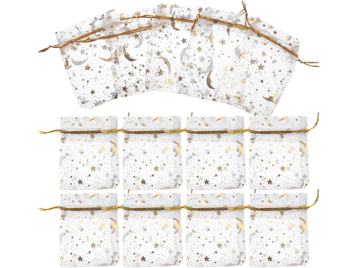 Conjunto de 50 Saquinhos de Organza Dourados com Estampas GOKOCO para Doces e Joias
