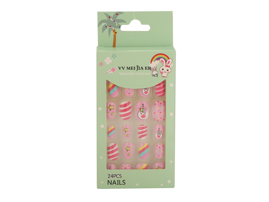 24 Unhas Falsas Para Meninas Com Padrões Cartoons, Removíveis, Tipo Full Cover Artificial 03