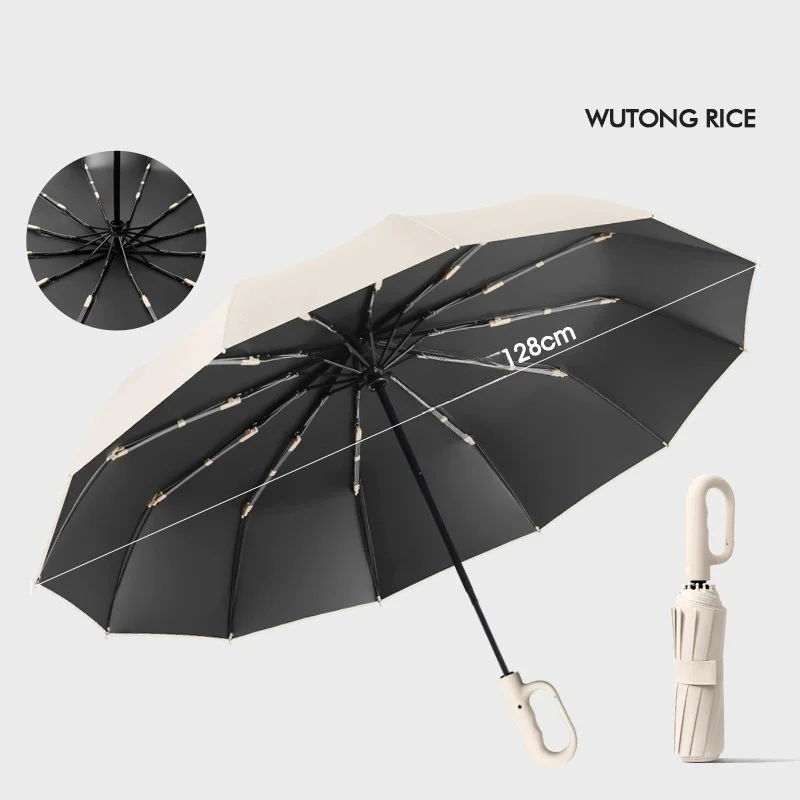 Guarda chuva Extra Grande com 12 Varetas e Fivela, Totalmente Automático, Portátil, À Prova de Vento e Dobrável para Dupla Função. MDUG (bege 12k)