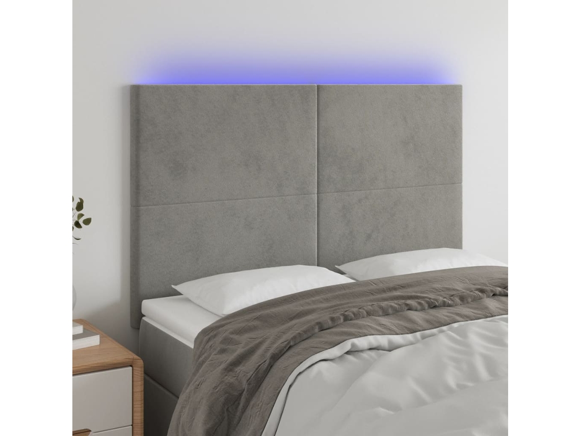 Cabeceira Cama C/ Luzes Led Veludo 144x5x118/128cm Cinza-claro