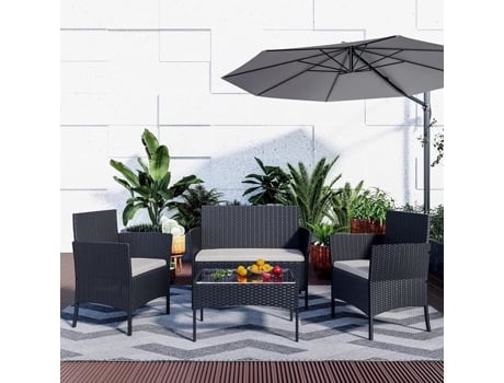 Móveis De Jardim | Imitação De Rattan De Resina Tecida | 4 Pessoas | Com 2 Poltronas, 1 Sofá E 1 Mesa | Preto Bigzzia