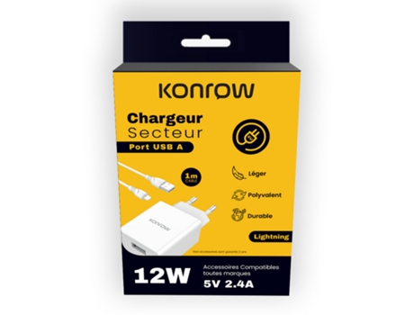 Carregador de rede completo Kk12aatl branco (compatível, blister) Konrow (adaptador USB de 12 W, cabo Lightning destacável, 1 m)