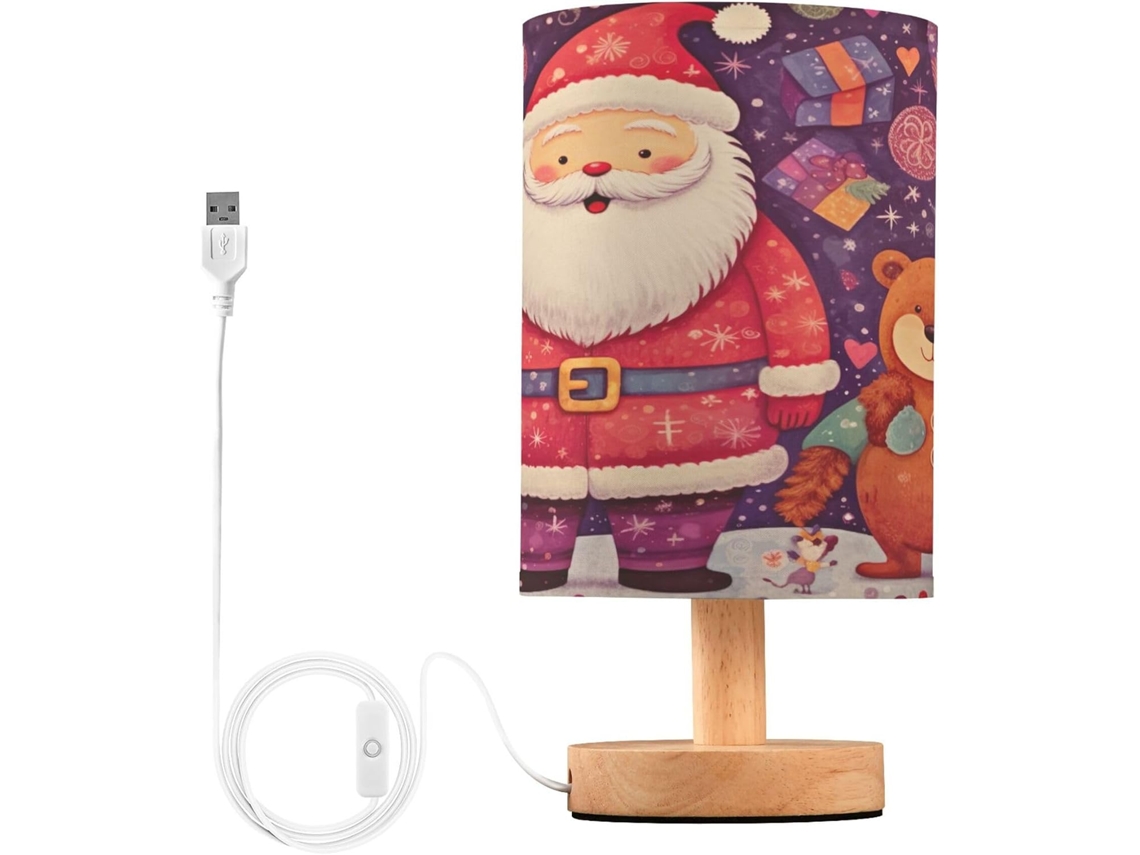 Luminária De Cabeceira Led Feliz Natal Para Quarto, Luminária De Leitura Com Cúpula Tecido, Base De Madeira E Porta Usb