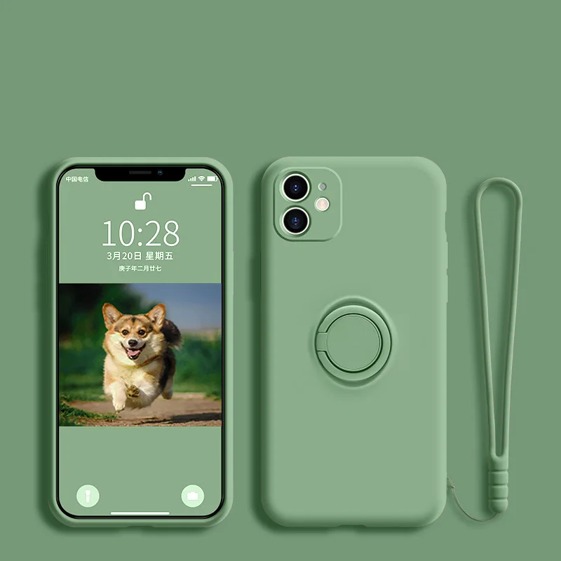 Capa Para Celular (iphone 14 Pro Max Verde) Em Silicone Líquido Macio Com Suporte, Anel E Alça De Pulso.