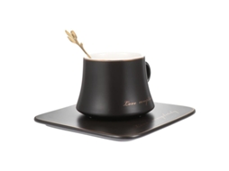Conjunto Rebe com xícara, colher e bandeja decorativa para suco, café e chá, em cerâmica resistente.