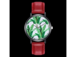 Relógio de quartzo unissex para casal Zhoulianfa com pulseira de PU verde com estampa de folha (vermelho)
