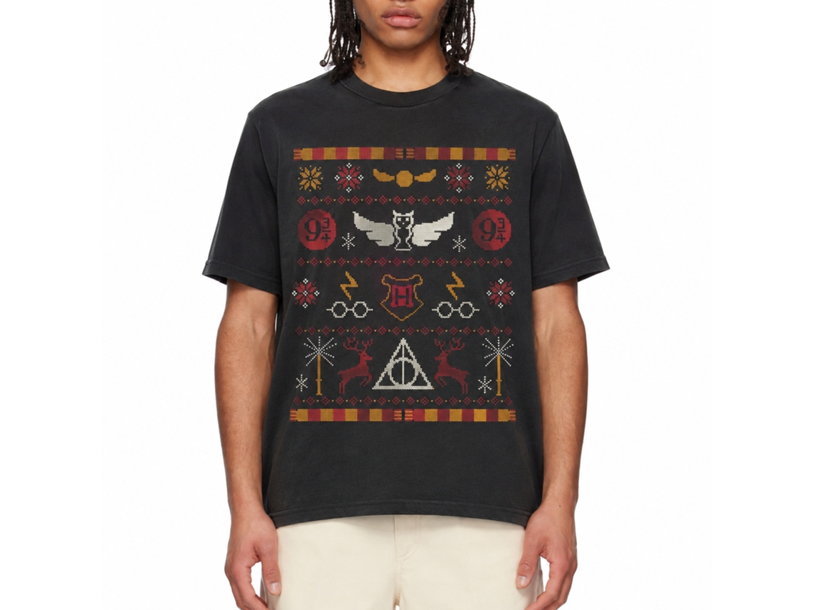 Rockinstone Harry Potter Hogwarts Christmas Pattern Black T-shirt Size:m