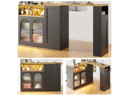 Mesa Bar Giratória 360° Preta 198x39,6x97cm, Porta Vidro, Led, Aparador, Armário Vinhos. Cs