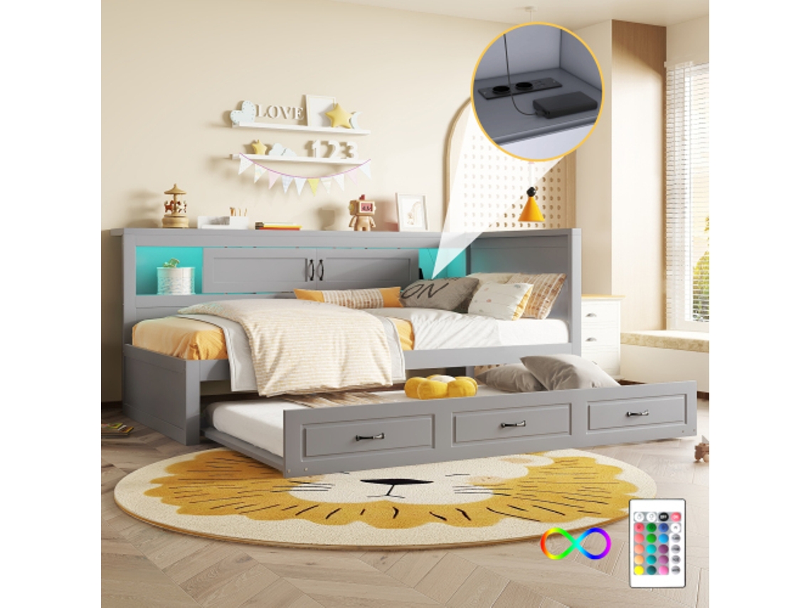 Sofá Cama Com Luz Led, Gaveta Lateral E Tomadas Usb, 90x200cm, Cor Cinza, Sem Colchão Liptaptyn