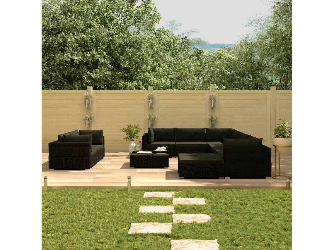 10 Pcs Conjunto Lounge De Jardim C/ Almofadões Vime Pe Preto Dkd Home Decor