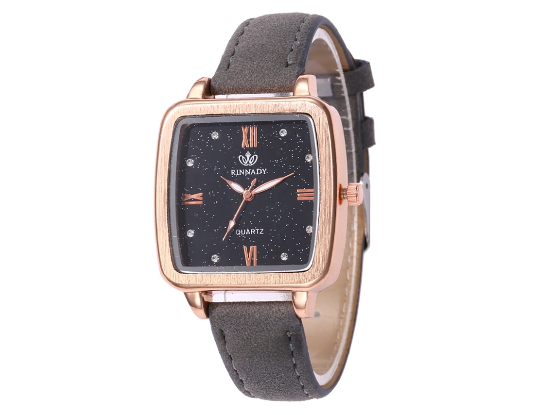 Relógio feminino moderno com mostrador quadrado, movimento de quartzo e pulseira de couro sintético, na cor cinza.