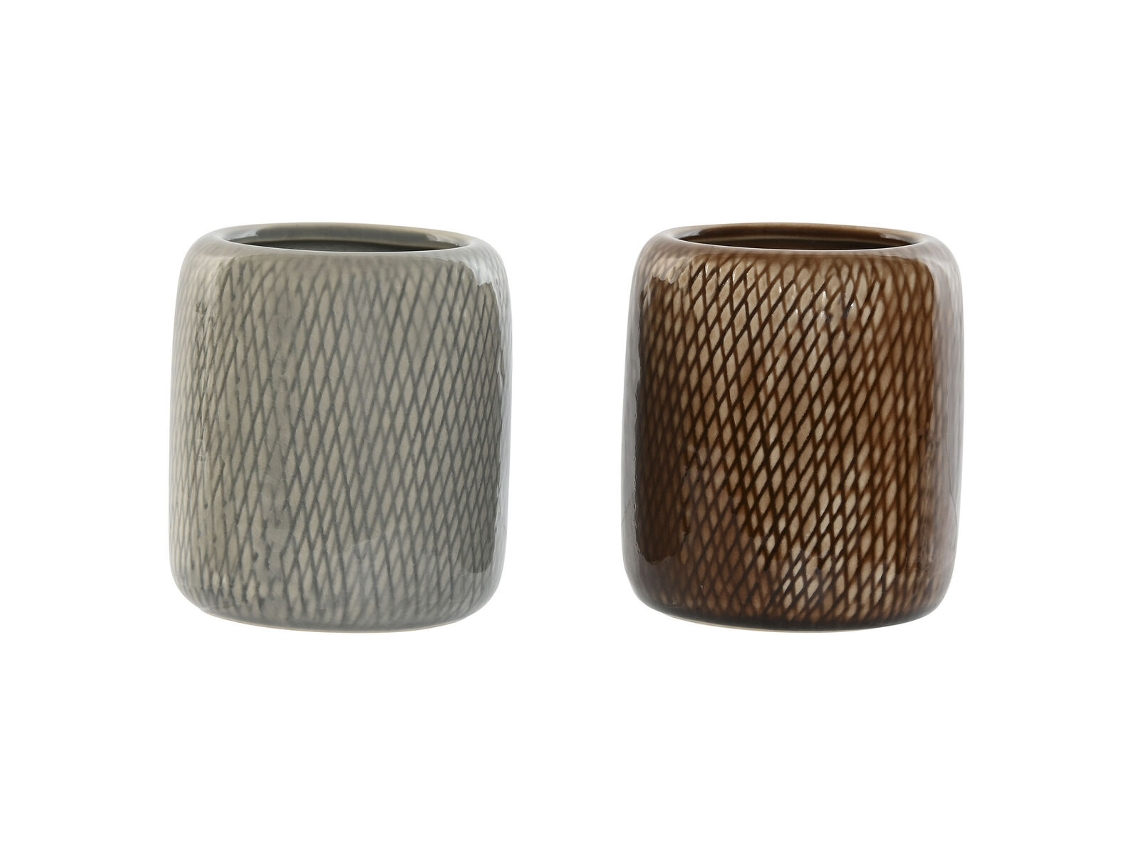 Copo HOME ESPRIT Castanho Cinzento Grés 8,5 x 8,5 x 10 cm (2 Unidades)