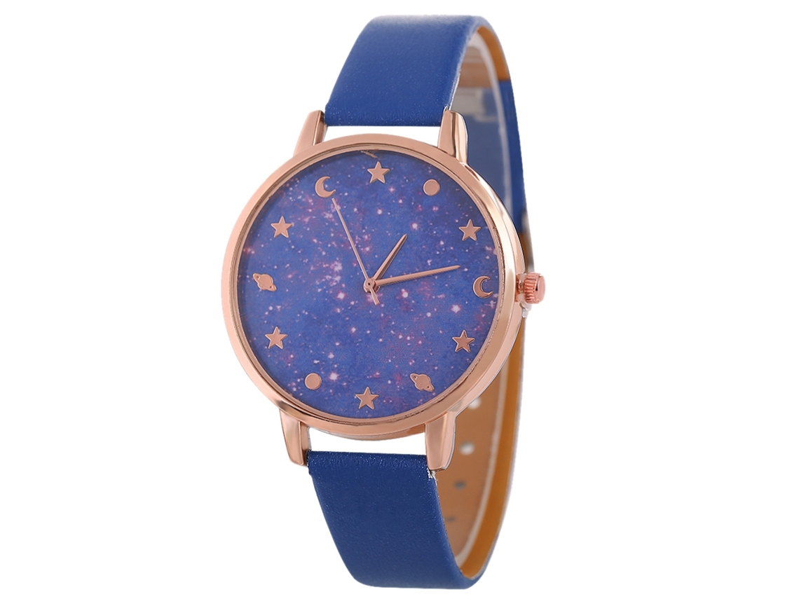 Relógio de Pulso Feminino de Quartzo com Esfera Céu Estrelado Roxo e Pulseira de Couro Azul Safira