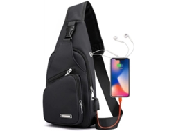 2026-mochila Bandolera Cruzada Impermeable Com Porta Usb E Furo Para Fones De Ouvido Unissex Negro