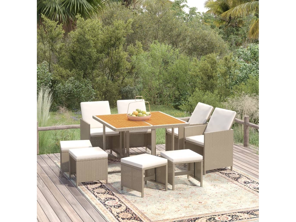 Vidaxl 9 Pcs Conjunto De Jantar P/ Jardim Com Almofadões Vime Pe Bege