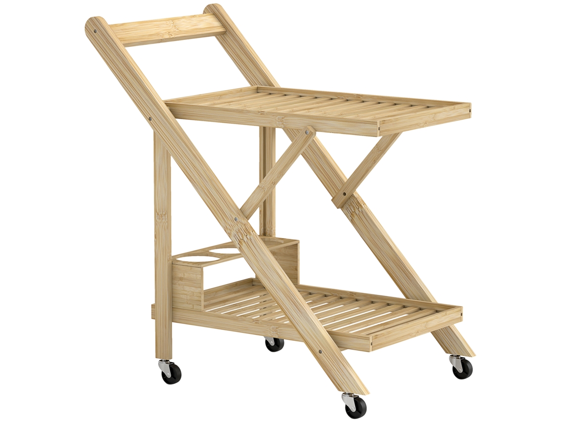 Cozinha Carrinha Com Prateleira Para Vinhos, 2 Níveis, em Bambu Natural, 66x40x70cm