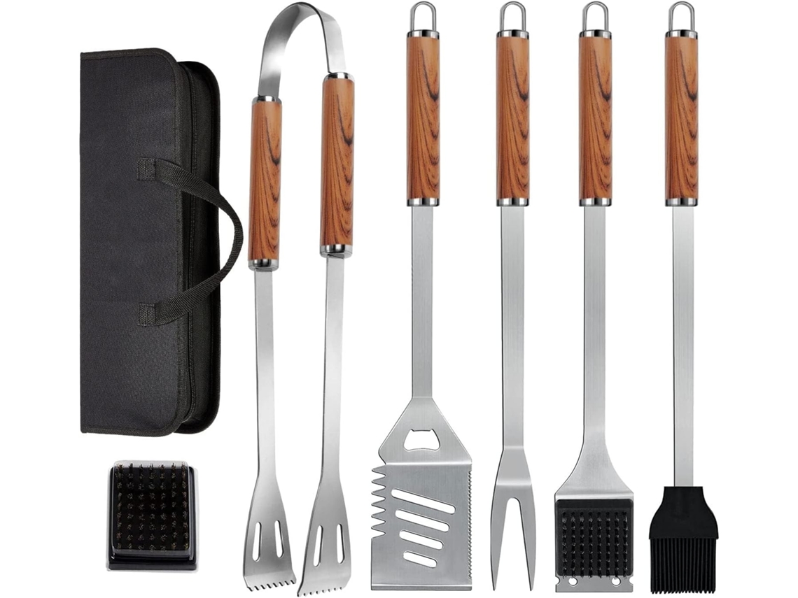 Juego de herramientas para barbacoa de acero inoxidable extra grueso 7 en 1 de Sunny Spaces con bolsa de almacenamiento