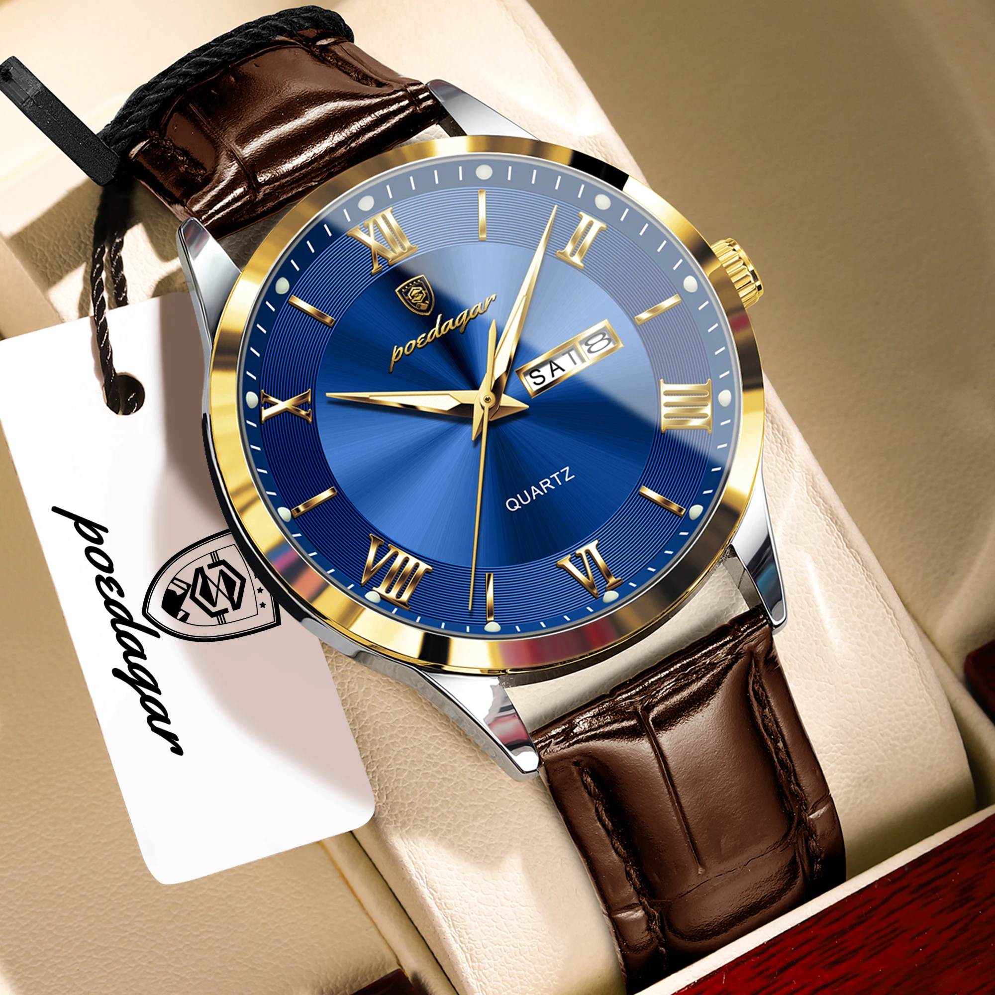 Relógio Masculino De Luxo (dourado E Azul), Pulseira De Couro Genuíno, À Prova D'água E Com Ponteiros Luminosos.